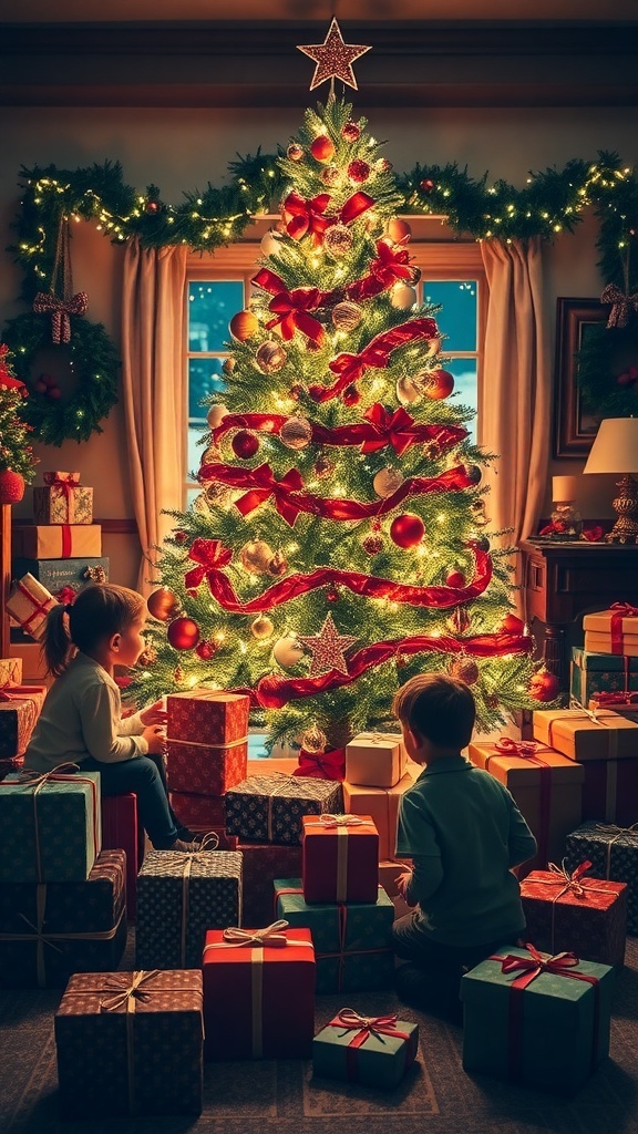 A cozy Christmas setting with a decorated tree and wrapped gifts.